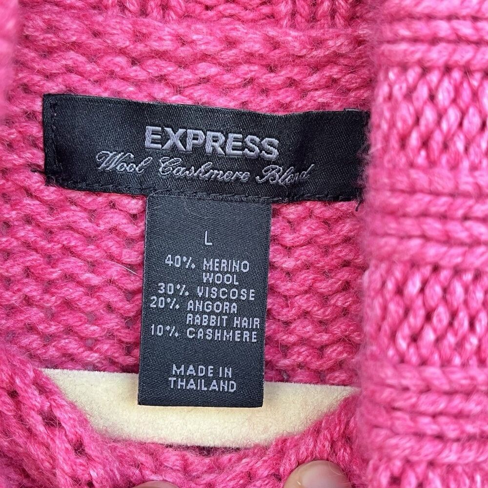 Express L Pink Fuchsia Cable Knit Sweater Merino Wool Angora Cashmere Cowl Neck - Picture 3 of 11